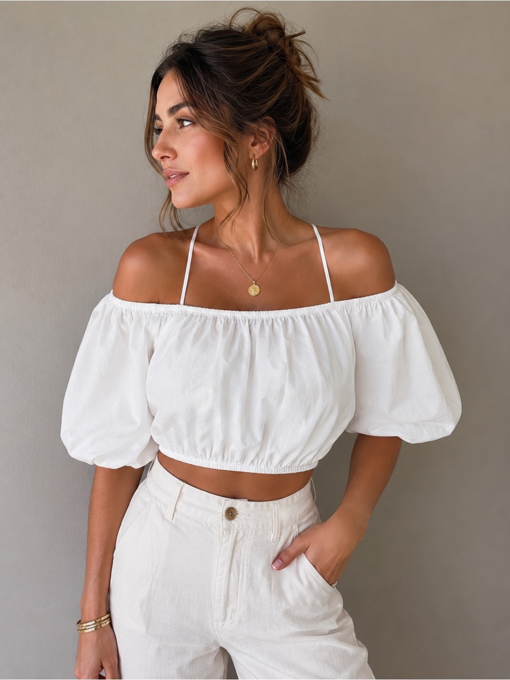 Zara White Off-the-Shoulder Puff Sleeve Crop Top size S boho coastal summer